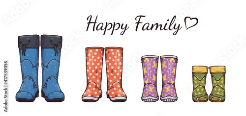 Family card with gumboots of children and parents, sketch vector illustration.