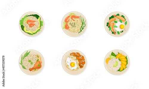 Thai Dishes and Main Courses with Steamed Rice, Seafood and Rice Top View Vector Set