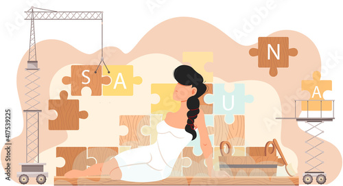 Young woman on background of pieces of puzzle with inscription sauna. Technique assembles puzzle and bath accessories. Lady is sitting with bath accessories. Girl wearing white dress taking steam bath