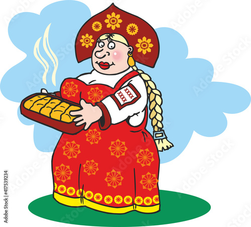 Woman in traditional national Russian dress, sarafan and kokoshnik, isolated on white background. A woman is holding freshly baked hot bread. Flat infographics. Vector illustration in cartoon style.