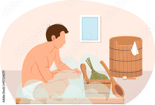 Man sitting and relaxing in sauna. Bathhouse or banya at home interior design. Guy next to wooden font is resting alone. Male character in hot steam bath. Person looks at bath accessories and broom