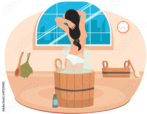 Lady standing in wooden tub with hot water. Home bathhose interior design. Cleansing skin and hair concept. Female character is relaxing in home sauna with steam and looks out window overlooking city