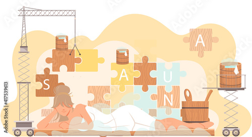 Young woman on background of pieces of puzzle with inscription sauna. Technique assembles puzzle and bath accessories. Lady is lying in towel. Girl wearing white dress or nightwear taking steam bath