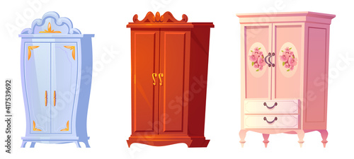 Cartoon cupboards baroque, shabby chic or classic style. Luxury interior cabinets vintage stuff, old fashioned furniture, wooden wardrobe isolated on white background, cartoon vector illustration, set