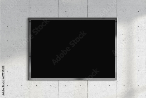 Billboard hanging on a sunlit wall mockup. Template of frame bathed in sunlight 3D rendering
