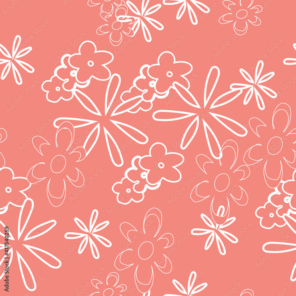 Vector pink background white outlines daisy chamomile flowers pattern, seamless pattern background.