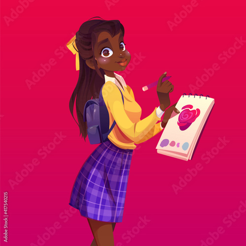 Black woman painter with notebook and pencil. African american girl student drawing pink heart in album. Vector cartoon teenage girl with ponytail, backpack, paper and marker