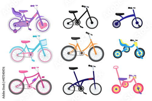 Vector illustration set of bicycles, bikes, wheels, transportation type. Cartoon style.