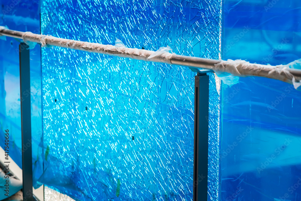 Shattered laminated and tempered safety glass railing balustrade panels ...