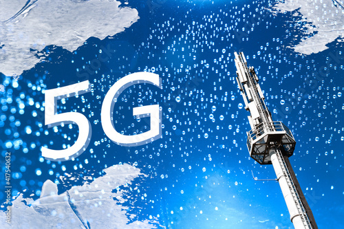 Telecom transmissions mast with cellular antennas for 5G communication with bubbles and clouds effect