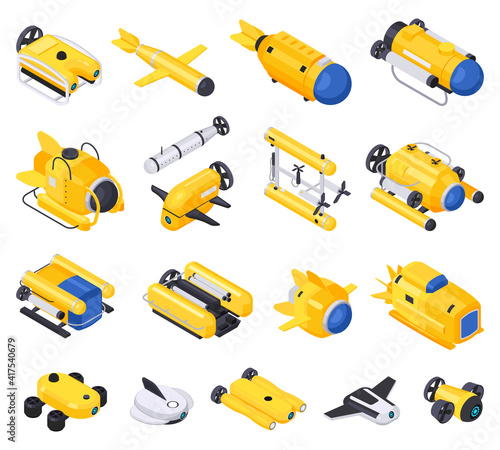 Underwater Vehicles Machines Equipment Isometric Icon Set