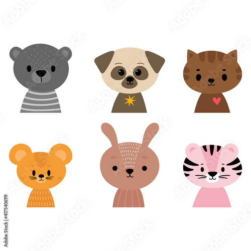 Cute cartoon animals for postcard, poster, nursery, t-shirt, invitation. Hand drawn characters of tiger, cat, dog, rabbit, bear and mouse