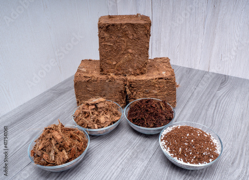 Canvas Print Coconut substrate peat and coconut chips with fibers