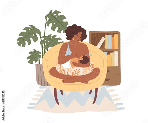 Dark skinned mom breastfeeding her newborn baby. Mother sitting in armchair with child, who suckling breast. Woman feeding infant with breastmilk. Flat vector illustration isolated on white background