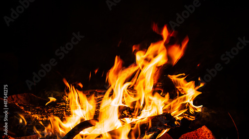 Night close up of chichen stake coocing on burning branch over fire in fireplace