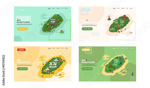 Welcome to Jeju island in South Korea, traditional landmarks, symbols, popular place for visiting tourists, jeju green tropical island travel concept. Korean land with traditional attractions