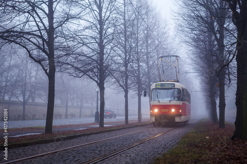 public transport tram in the fog