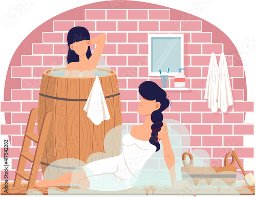 Young woman standing in tubs and talking to her friend. Bathhouse interior design. People are resting in sauna. Cartoon characters in hot steam are cleaning, washing body and spending time together