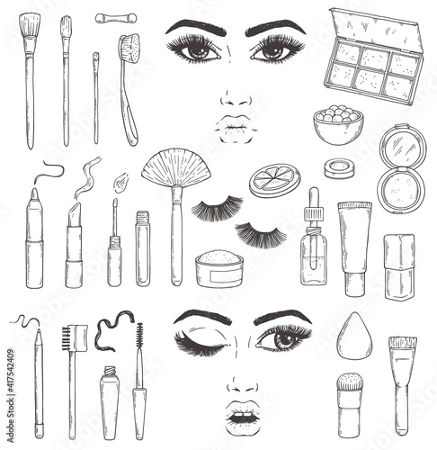 Fashion cosmetic tools for female glamour makeup a set of vector illustrations