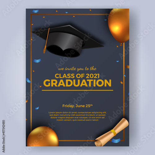 luxury graduation party poster invitation for class of 2021 with 3d golden balloon and graduation cap hat and paper with confetti