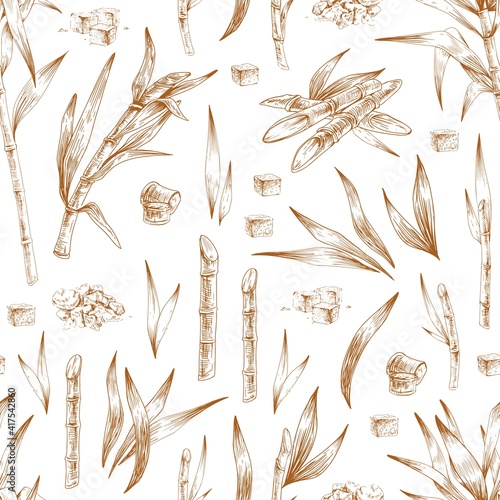 Seamless pattern with heaps and loaves of brown sugar, cane leaves and branches. Endless repeatable texture with sugarcane. Hand-drawn monochrome vector illustration on white background