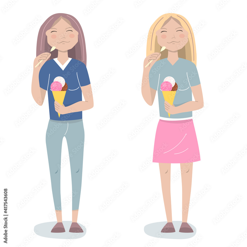 Young woman eating ice-cream with pleasure. Person isolated on white background. Two variants of color. Illustration can be used for children book Young woman eating ice-cream with pleasure. Person isolated on white background. Two variants of color. Illustration can be used for children book