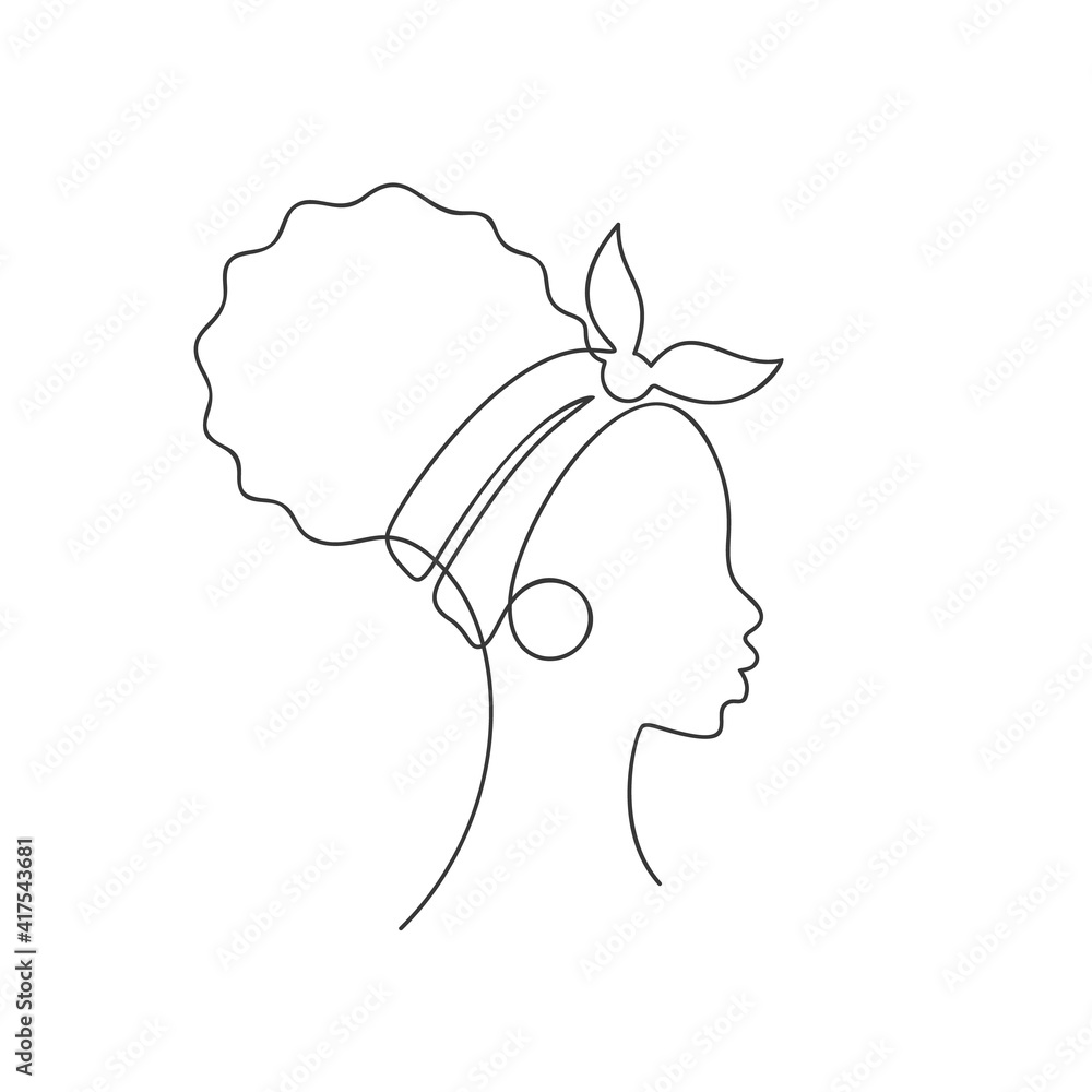 African girl in profile with curly hair bun, bandana and big earrings ring,  Continuous one line drawing, Abstract female fashion illustration single  line, Afro teenage face minimalist contemporary art Stock Vector |
