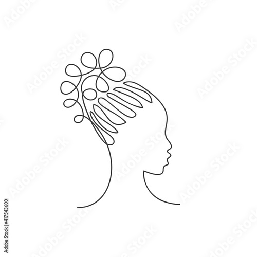 Beautiful african girl face in profile with curly hair in traditional afro hairstyle Continuous one line drawing, Vector female fashion illustration, Cute afro teenage face minimalist black and white