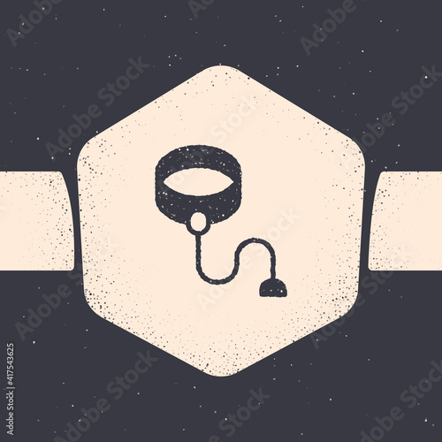 Grunge Retractable cord leash with carabiner icon isolated on grey background. Pet dog lead. Animal accessory for outdoors walk. Monochrome vintage drawing. Vector.