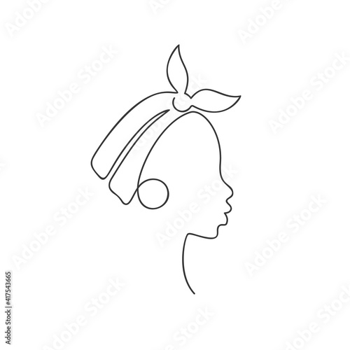 African girl in profile in headband and big earrings ring, Continuous one line drawing, Abstract female fashion illustration single line, Afro teenage face minimalist black and white contemporary art