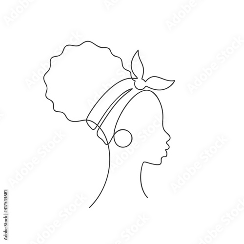 African girl in profile with curly hair bun, bandana and big earrings ring, Continuous one line drawing, Abstract female fashion illustration single line, Afro teenage face minimalist contemporary art