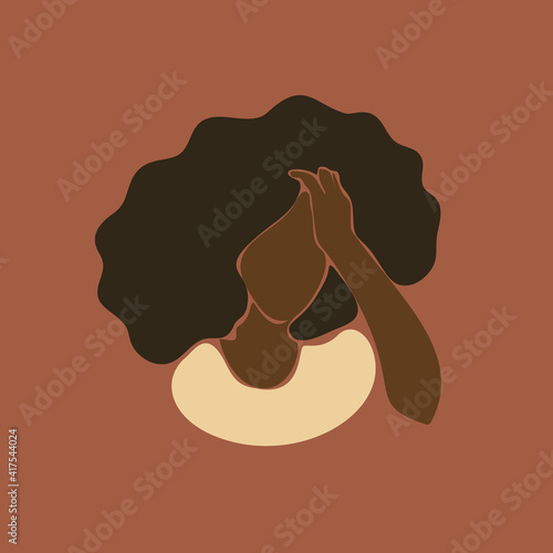 Abstract portrait african woman unhappy touching forehead with hand dark colors depression and sadness. Afro black skin girl, Vector illustration contemporary art flat design