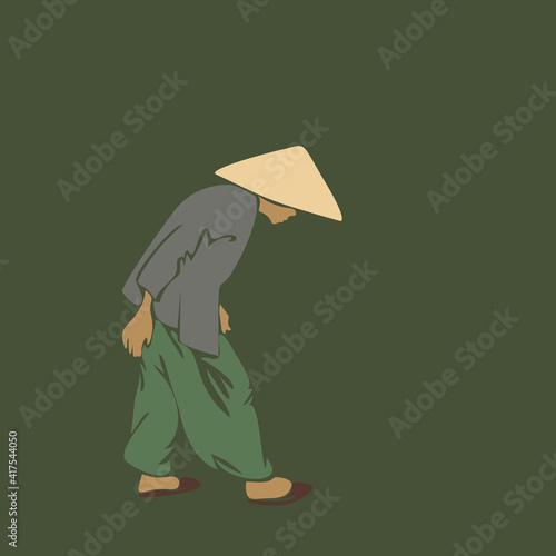 Weak hunched old woman in vietnamese hat walking, Abstract vector illustration contemporary art flat design