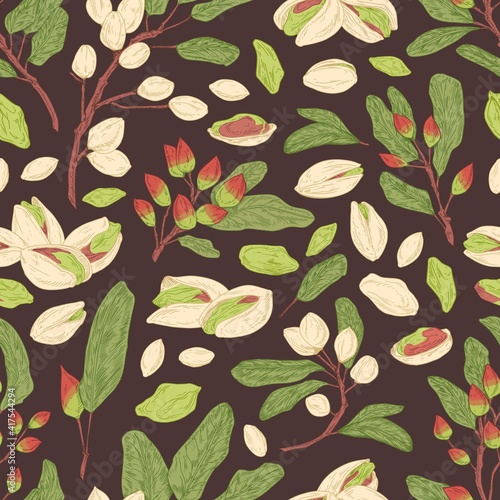 Seamless pistachio pattern with nuts, shells, branches and leaves. Endless texture with realistic pistaches on black background. Hand-drawn colored vector illustration for printing and decoration