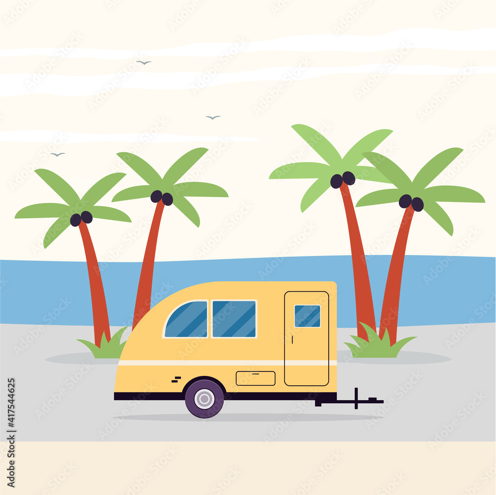 Camping trailer on sea beach a vector flat illustration.