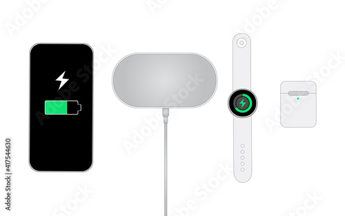 Flat vector icon Mockup of Modern Technology device Big Wireless Charging Station with Charging Cable, Smart Phone , Smart Watch, Wireless Earphone Case.