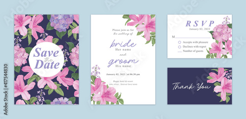 Beautiful pink rhododendron flower and hydrangea flower background template. Vector set of floral element for wedding invitations  greeting card  envelope  voucher  brochures and banners design.