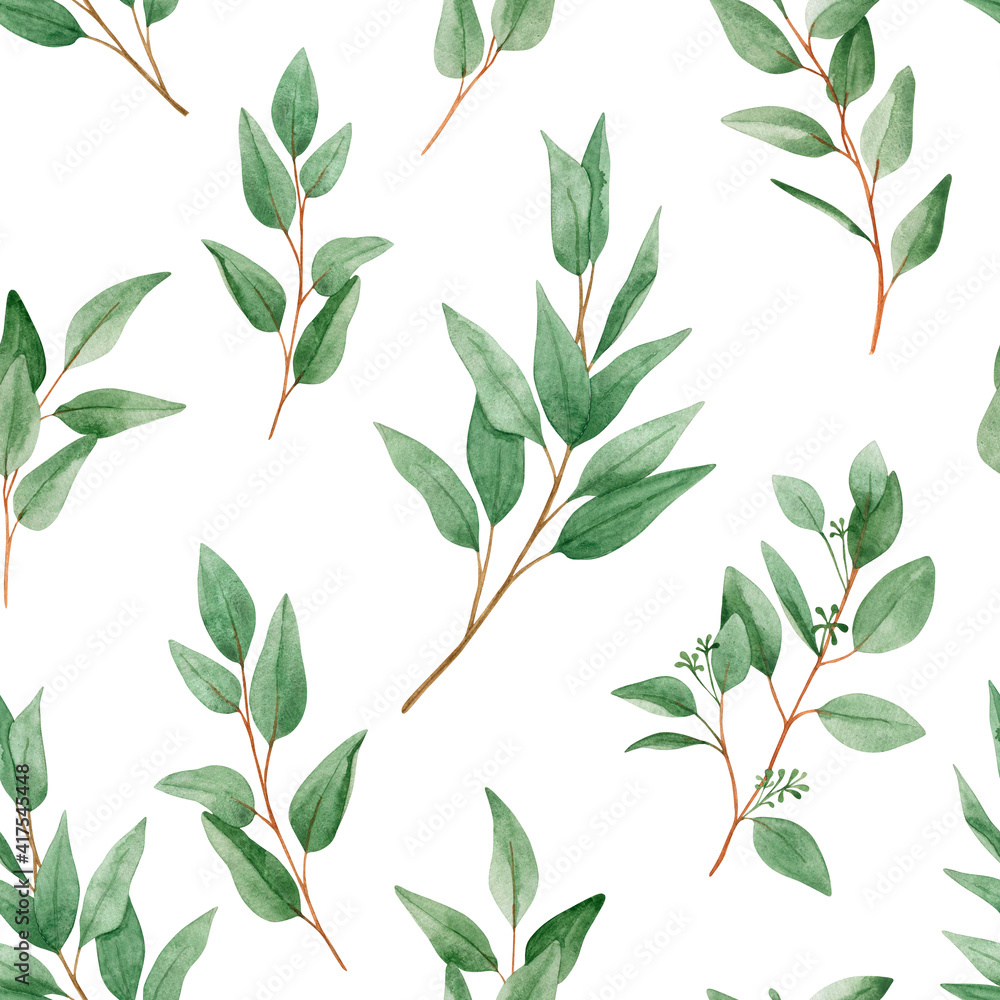 Watercolor seamless pattern with eucalyptus branches on a white background. Foliage, greenery, eucalyptus leaves. For textiles, wallpaper, invitations, greetings.