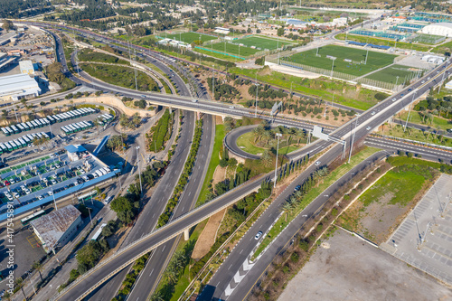 Highway interchange with multilevel lanes, Aerial image.