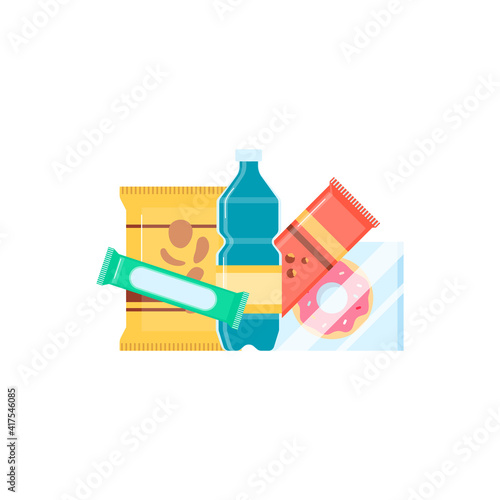 Heap of packaged food and snacks flat vector illustration isolated on white.