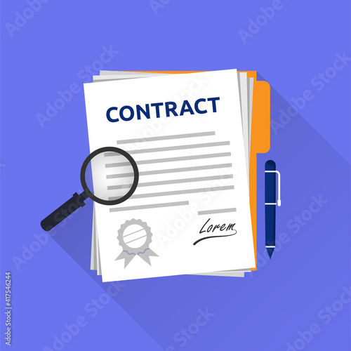 Contract document or legal agreement with signature and stamp concept illustration.