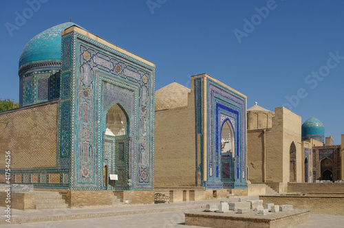 Panorama view of alley of beautiful medieval mausoleums with blue tile mosaic decoration at Shah-i-Zinda necropolis in UNESCO listed Samarkand, Uzbekistan