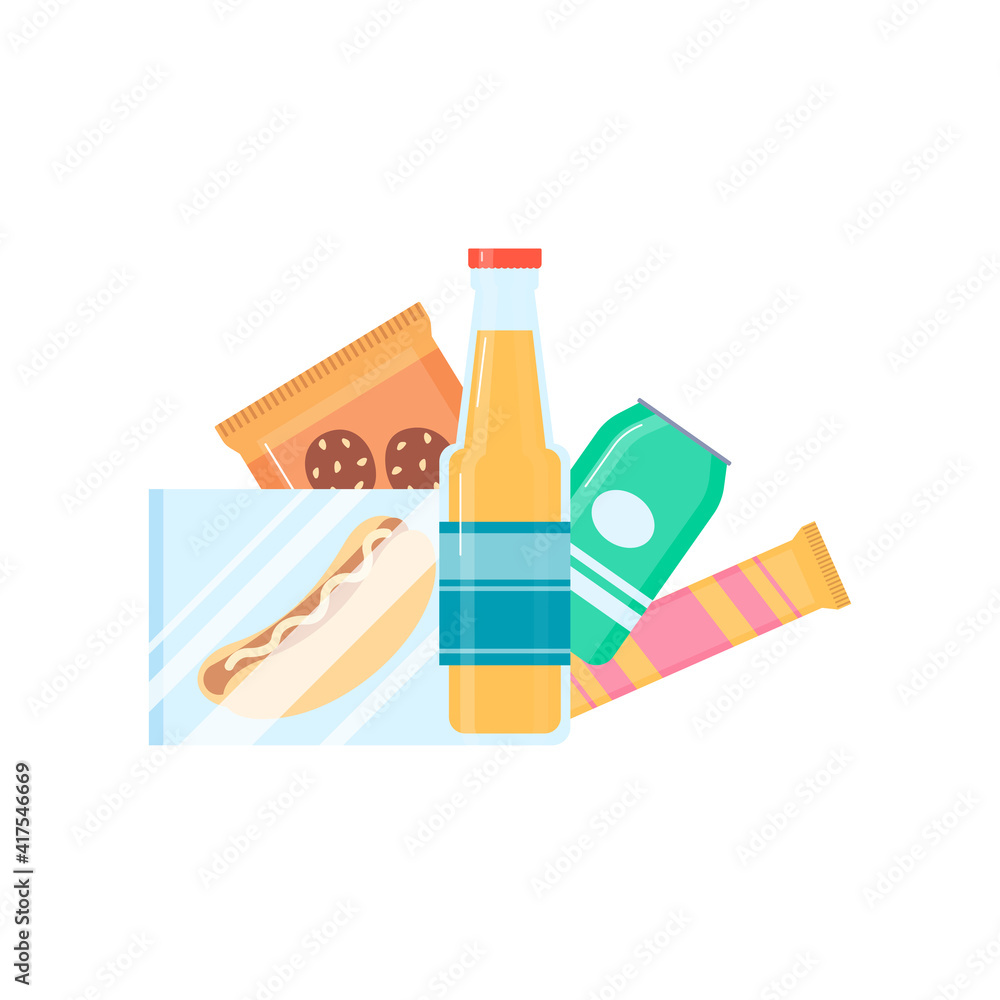 Snack pack - flat junk food isolated on white background. Snack pack - flat junk food isolated on white background.