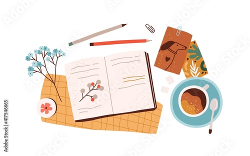 Top view of open notebook or diary with notes, postcards, greeting cards, pens and cup of coffee. Preparation for holidays. Composition of scattered objects. Colored flat vector illustration