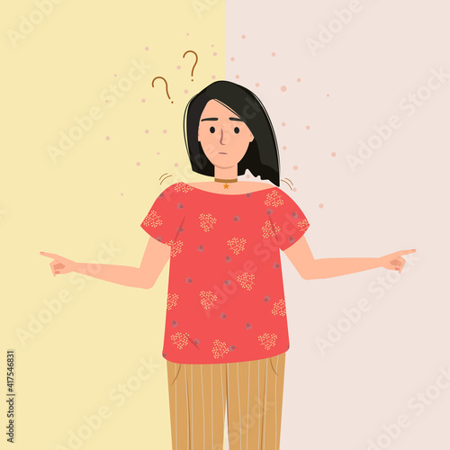 Choice, thinking, doubt, problem concept flat vector illustration. Thoughtful doubtful woman thinking about the right path. Confused cartoon girl choosing between two colors. Right and wrong decisions