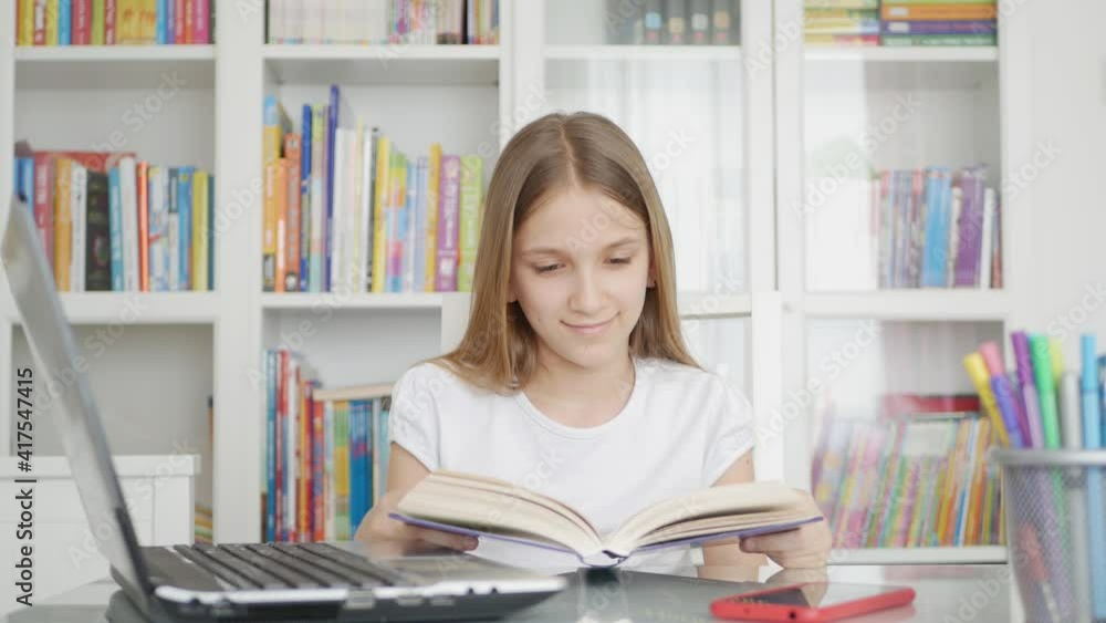 Kid Reading a Book, Child Learning for Homework School, Schoolgirl Studying from Home in Coronavirus Pandemic, Online Education Kid Reading a Book, Child Learning for Homework School, Schoolgirl Studying from Home in Coronavirus Pandemic, Online Education