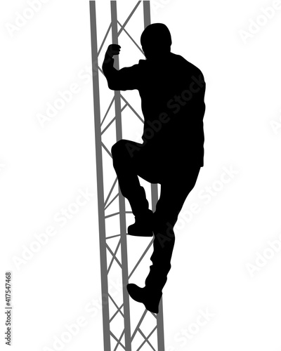 Young man climbs a high tower. Isolated silhouette on white background