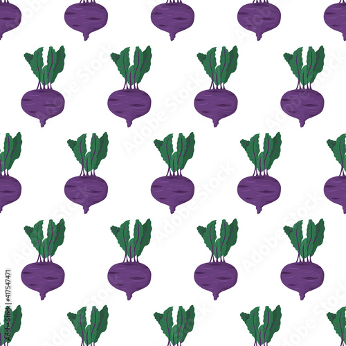 Cartoon seamless pattern for paper design with purple kohlrabi root with green leaf. Colorful background.