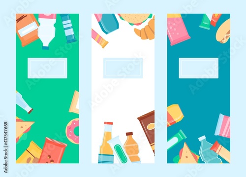 Set of banners with various drink and snack packs flat vector illustration.