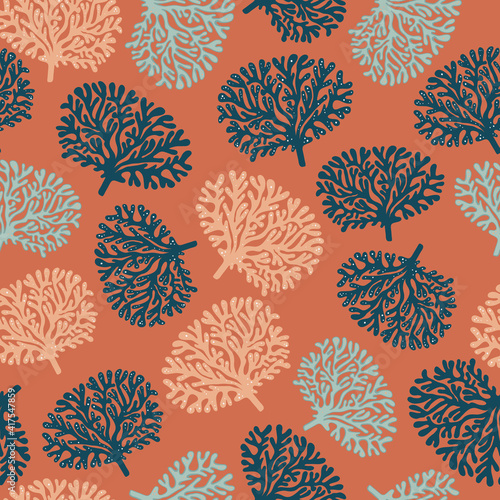 Vector cooper terracotta dark blue coral tree hand drawn seamless pattern print background.